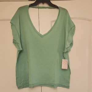 Free People Light Green V-Neck Blouse